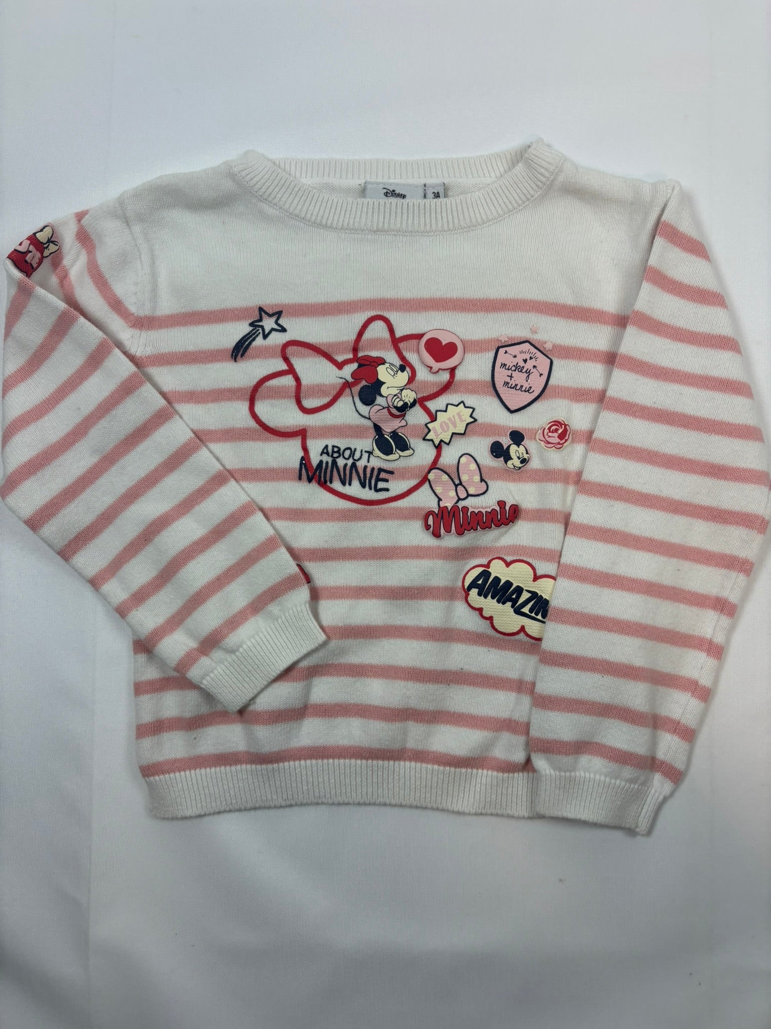 Pull blanc rayé rose motif Minnie – Disney – Fille 98