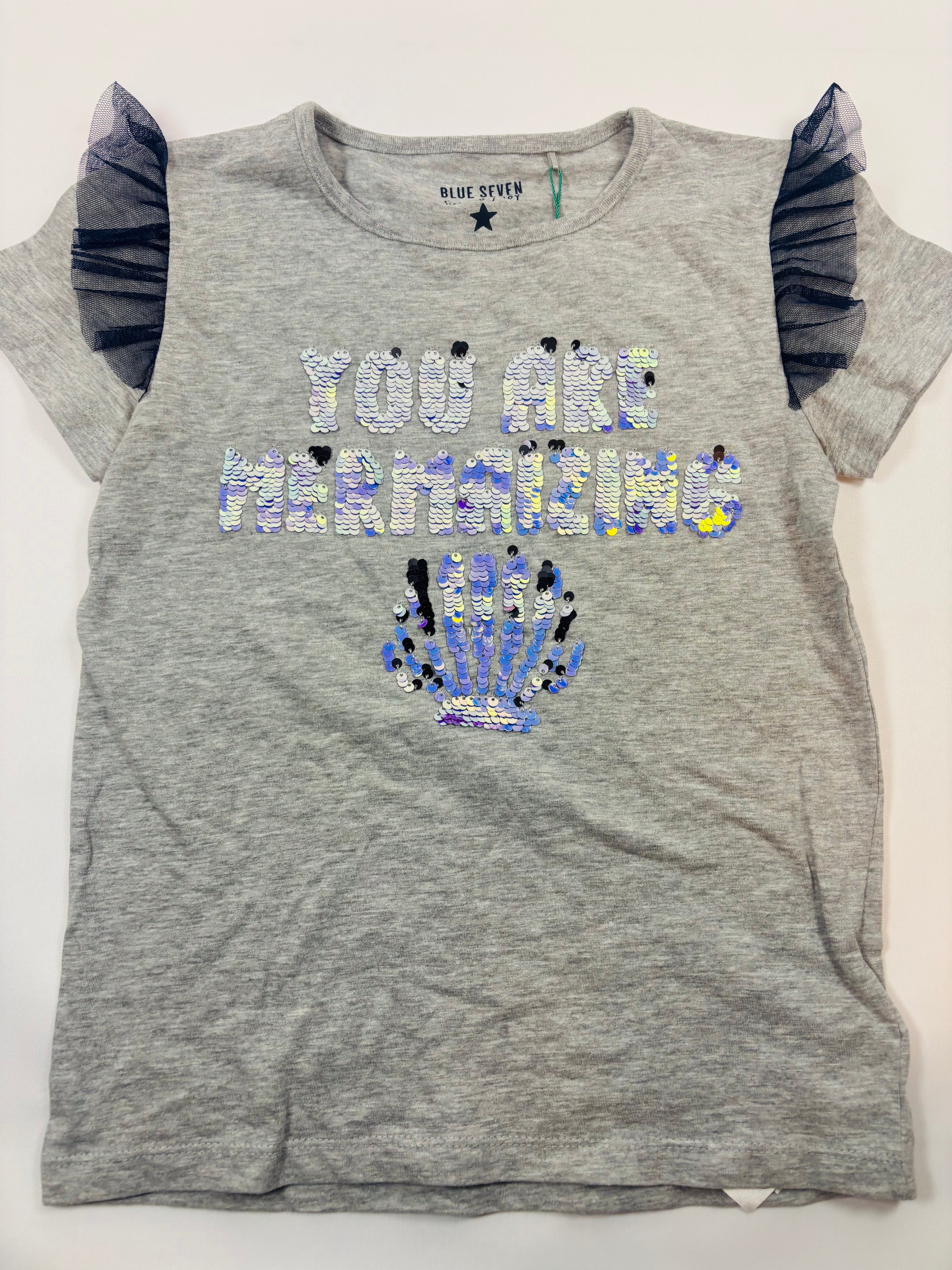 T-shirt manches courtes gris motif bleu – Blue Seven – Fille taille 140