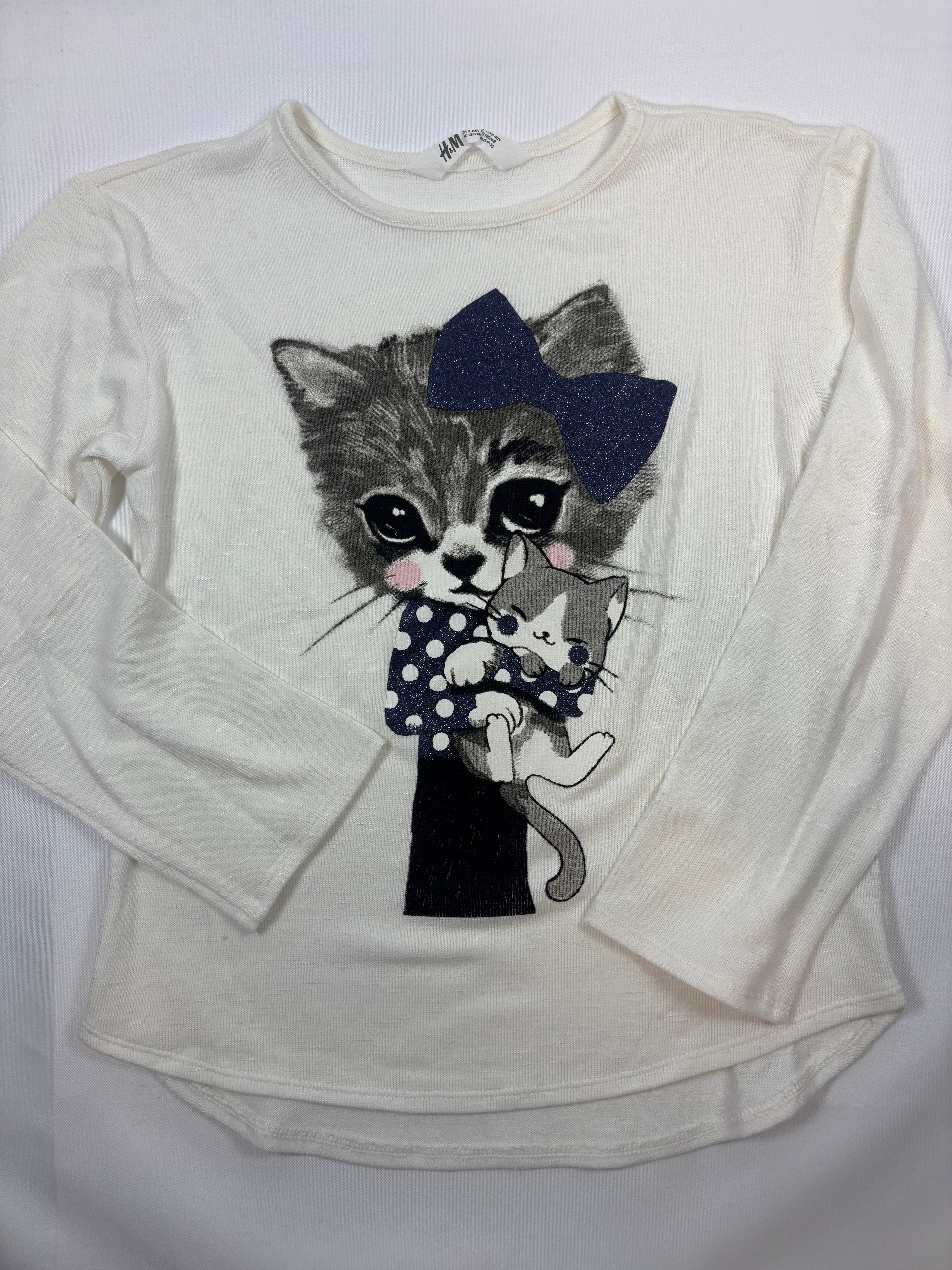 Sweat-shirt épais blanc motif chat gris – H&M – Fille 134-140
