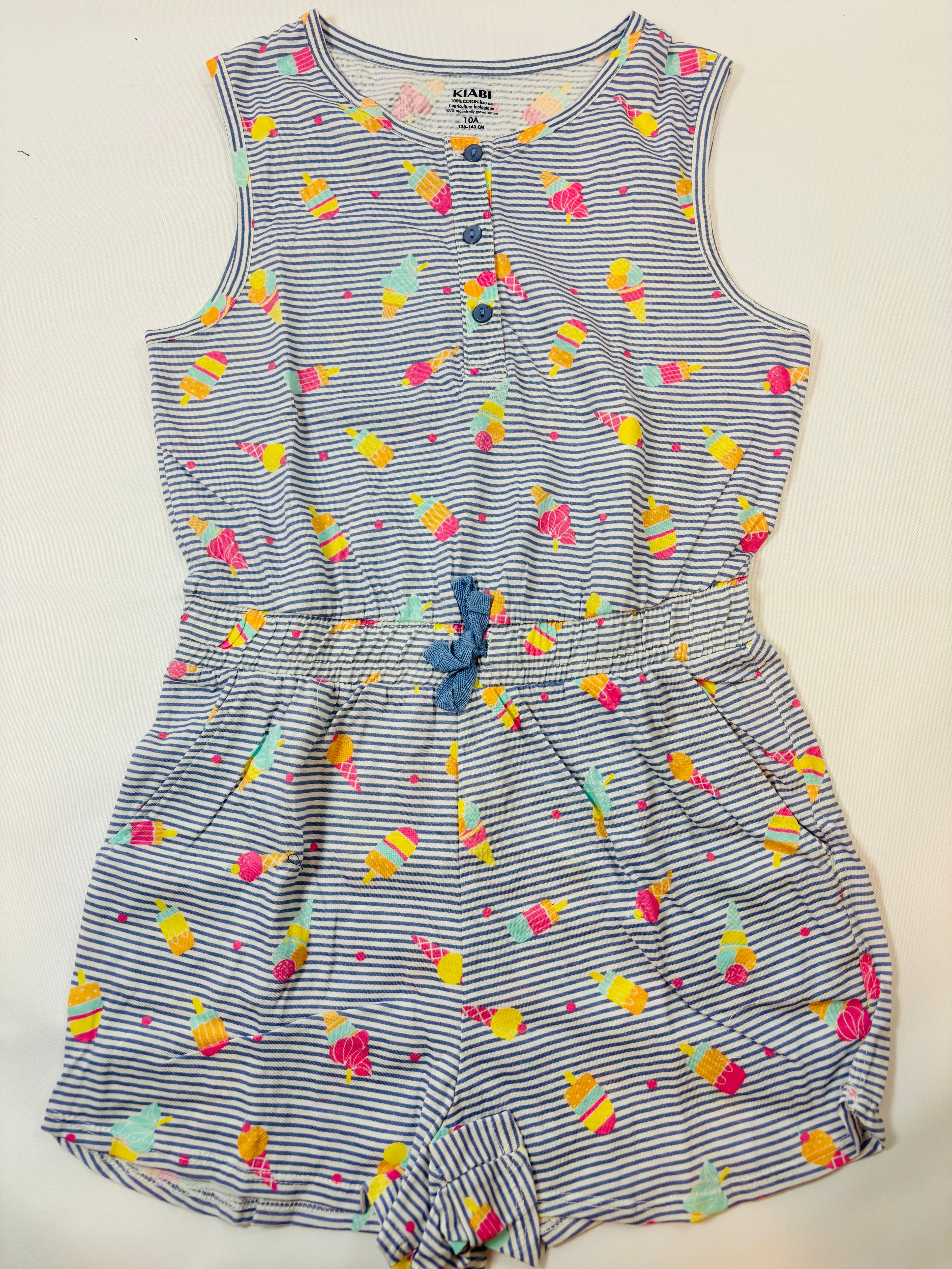 Combinaison courte blanche rayée bleue motif glaces fille – taille 140