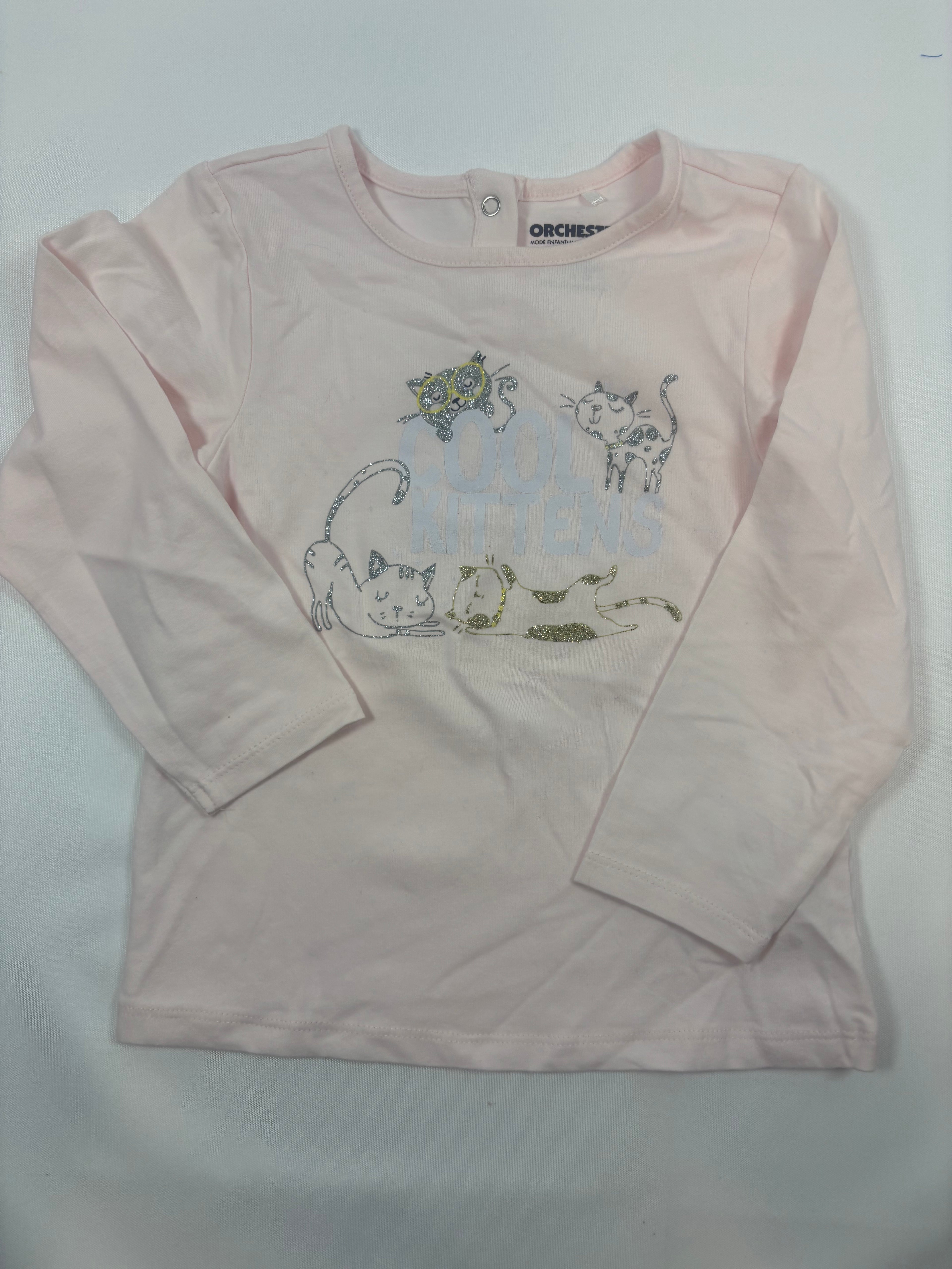 T-shirt manches longues rose motif chat fille – Orchestra – Taille 92