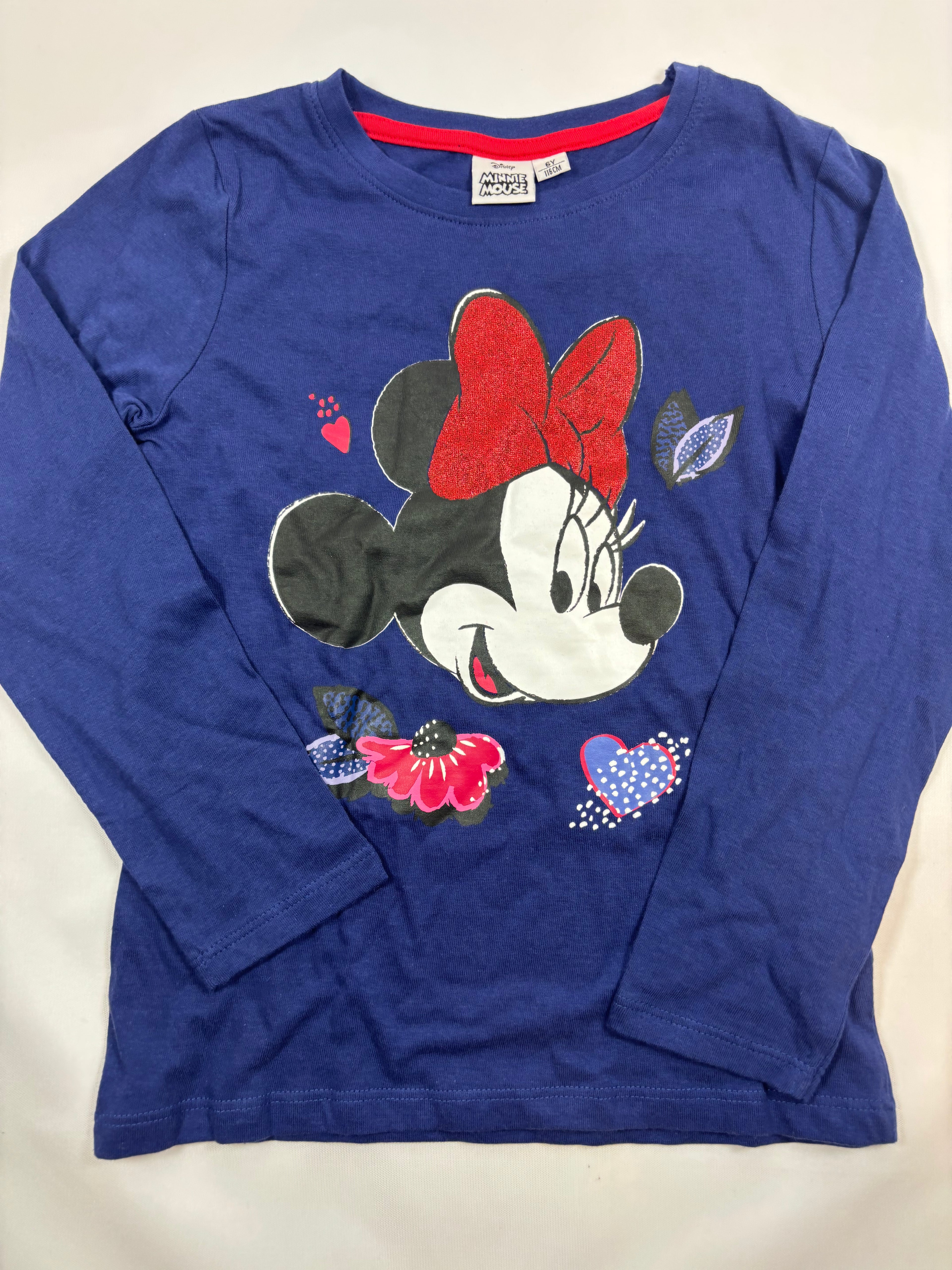 T-shirt manches longues bleu foncé motif Minnie à nœud rouge fille – Disney – Taille 116