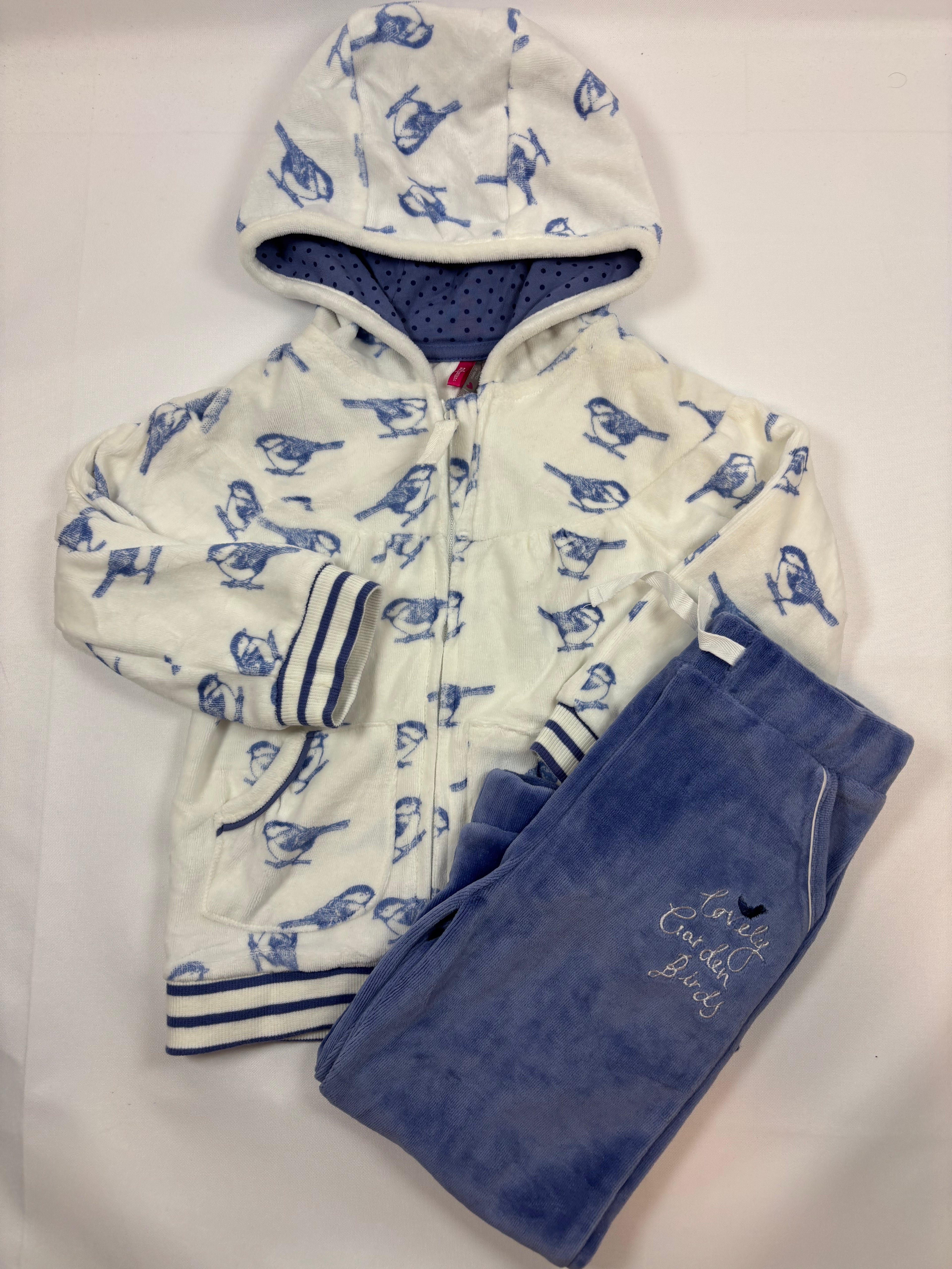 Ensemble gilet et pantalon doublé bleu et blanc imprimé oiseaux – Orchestra – Fille 86