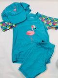 Maillot de bain bleu motif flamant rose fille – taille 98/104
