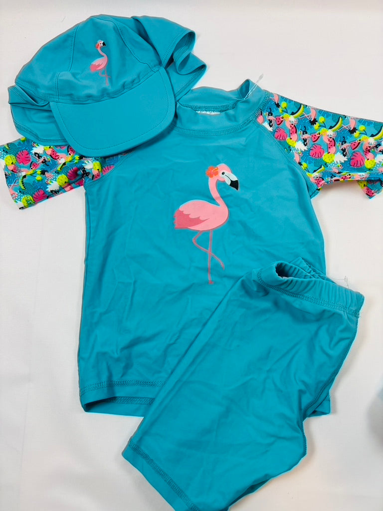 Maillot de bain bleu motif flamant rose fille – taille 98/104