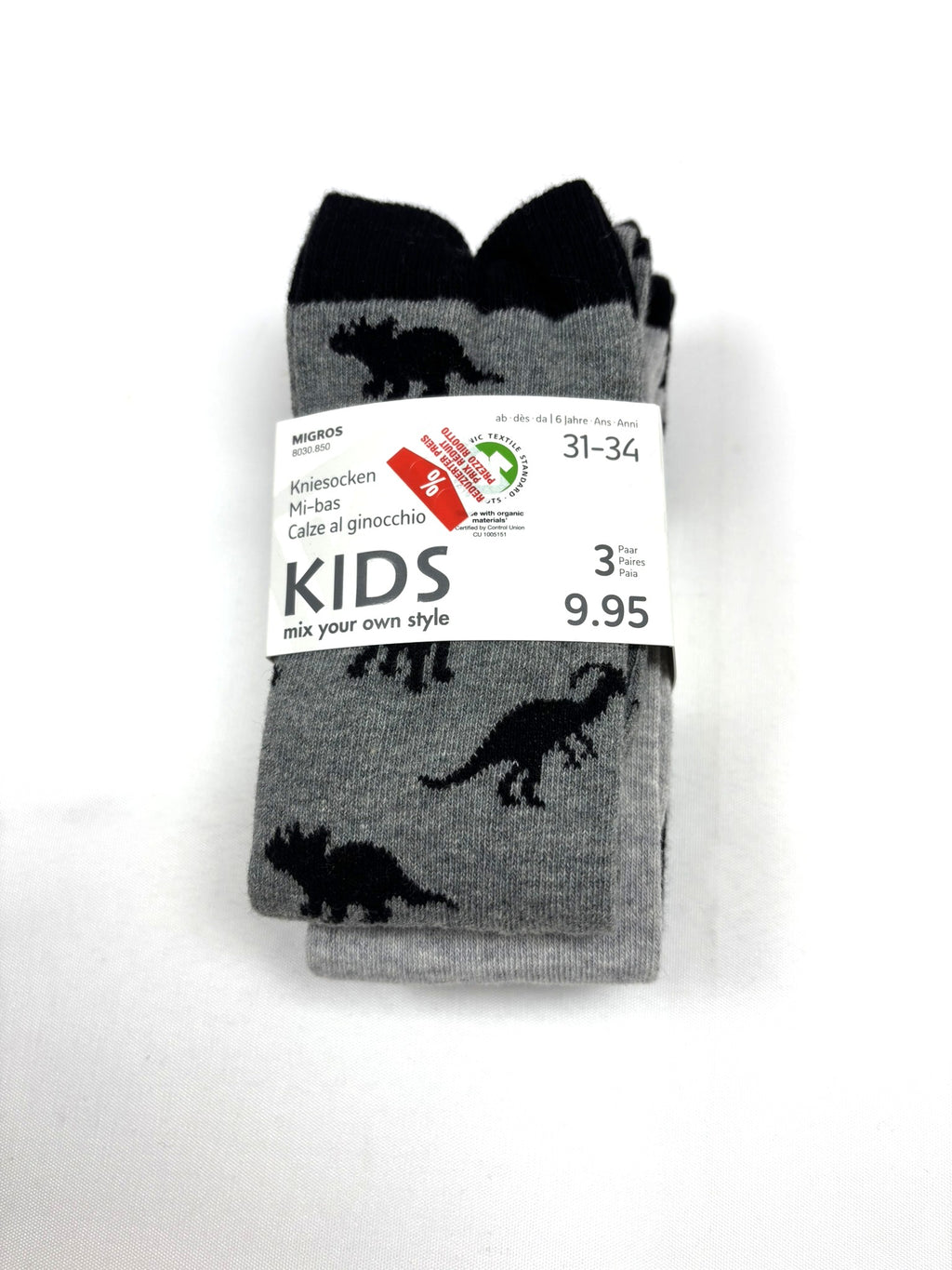 Lot de 3 paires de chaussettes Smile dinosaures noires et grises – 31–34 – Neuves