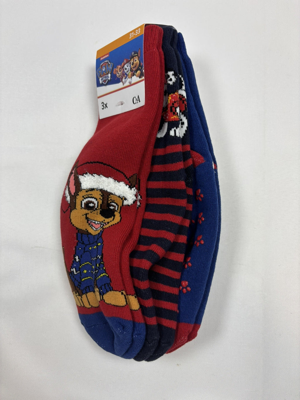Lot de 3 paires de chaussettes C&A Pat’ Patrouille rouges et bleues – 31–33 – Neuves
