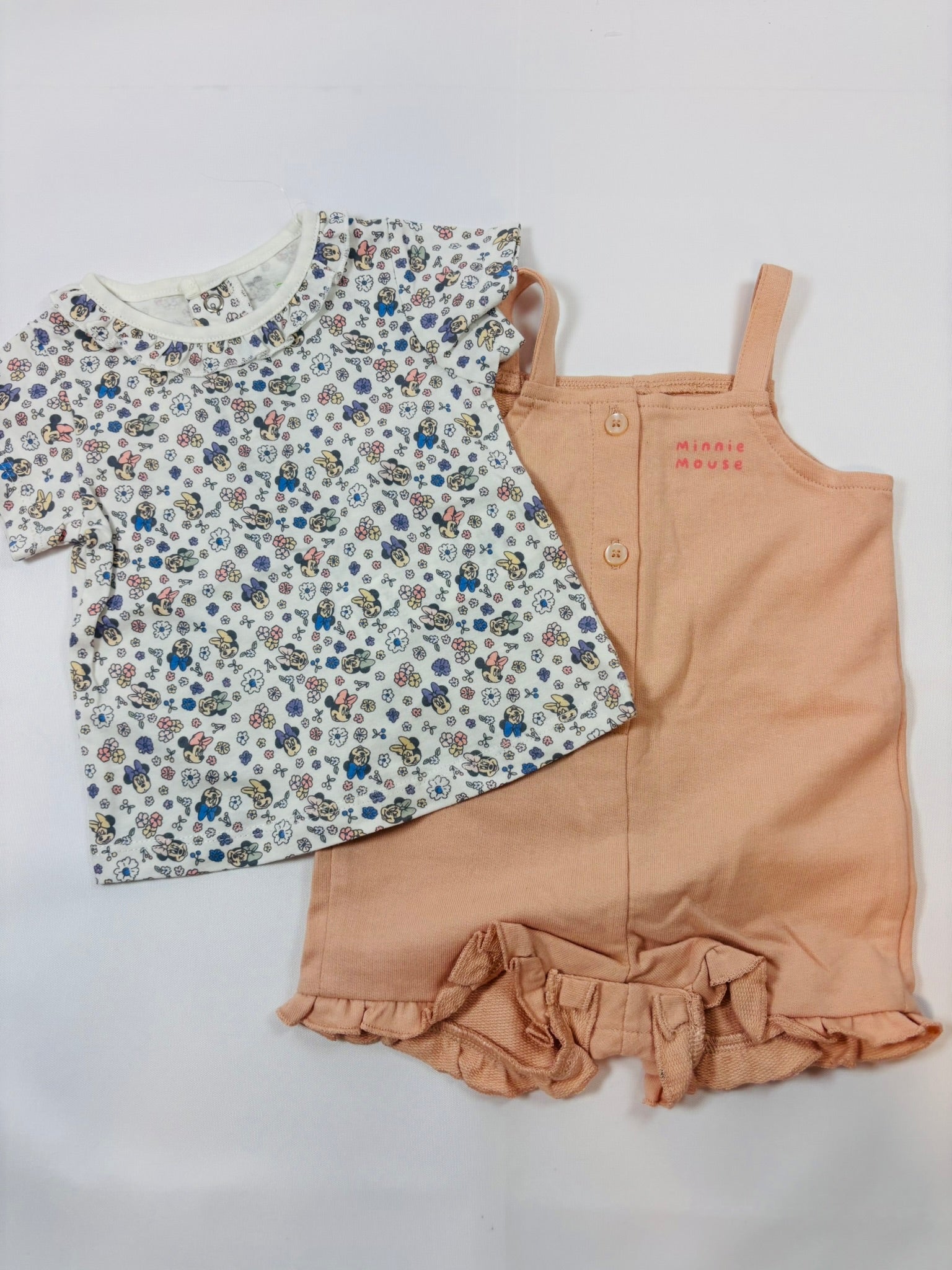Ensemble t-shirt + salopette orange et blanc motif Minnie fille – taille 60